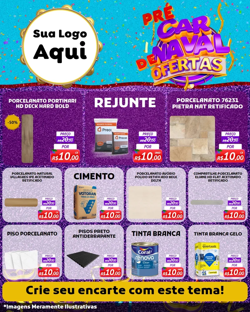 Modelo de Rede Social para Feed Instagram com o tema Pré Carnaval de Ofertas para Pisos e revestimentos
