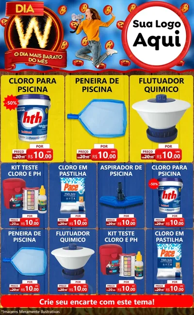 Modelo de Encarte para Encarte Grande com o tema Dia W - O Dia Mais Barato Do Mês para Produtos para Piscina