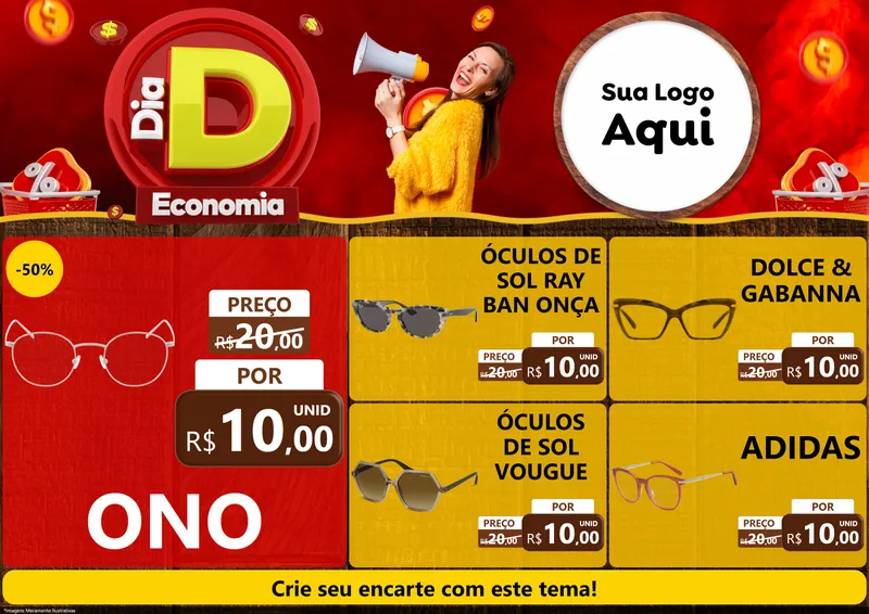 Modelo de Encarte para Encarte A4 Horizontal com o tema Dia D Economia para Óticas