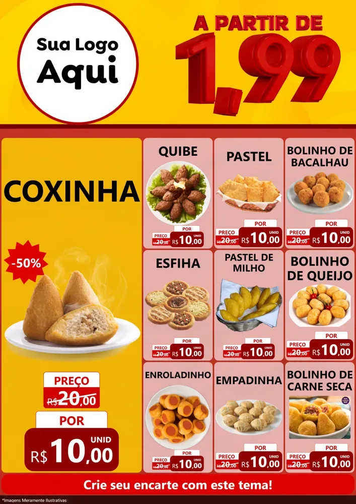 Modelo de Encarte para Encarte A4 Vertical com o tema A Partir de Um e Noventa e Nove - 1,99 para Salgadaria