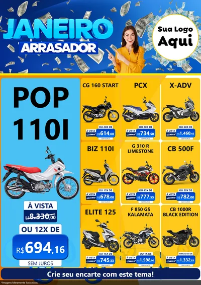 Modelo de Encarte para Encarte A4 Vertical com o tema Janeiro Arrasador para Concessionaria de Motos