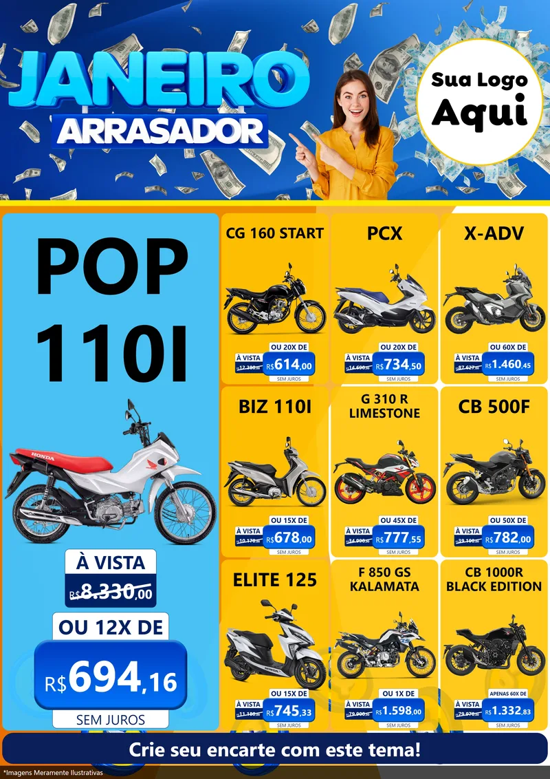 Modelo de Encarte para Encarte A4 Vertical com o tema Janeiro Arrasador para Concessionaria de Motos
