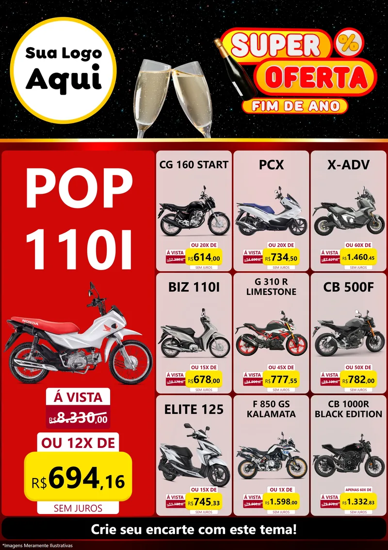 Modelo de Encarte para Encarte A4 Vertical com o tema Super Oferta Fim de Ano para Concessionaria de Motos