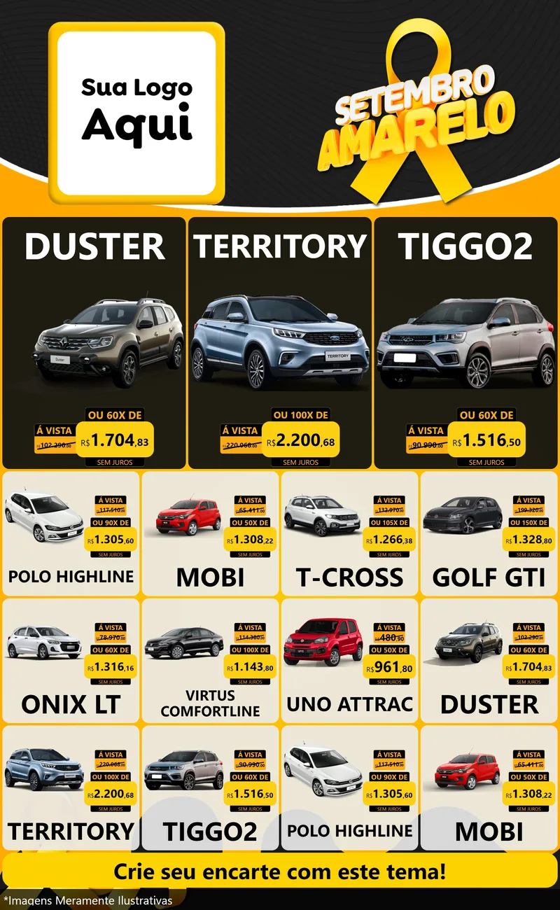 Modelo de Encarte para Encarte Grande com o tema Setembro Amarelo para Concessionaria de Carros