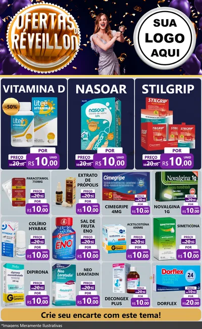 Modelo de Encarte para Encarte Grande com o tema Ofertas de Réveillon para Farmácia
