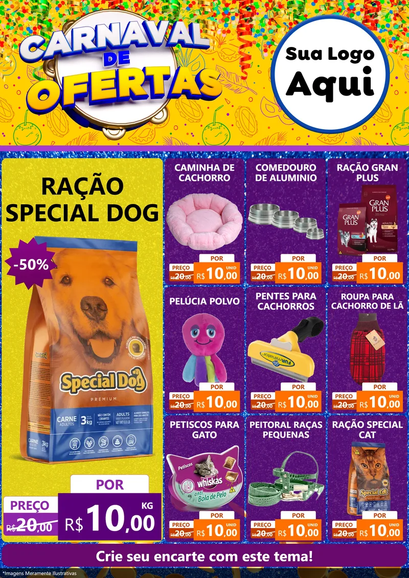 Modelo de Encarte para Encarte A4 Vertical com o tema Carnaval de Ofertas para Pet Shop