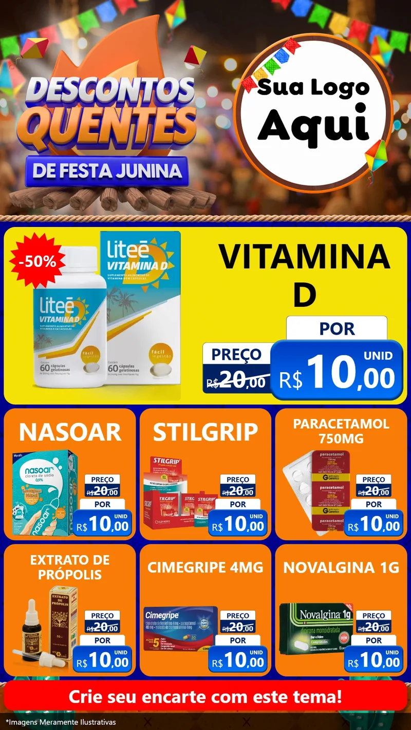 Modelo de Rede Social para Stories com o tema Descontos Quentes de Festa Junina para Farmácia