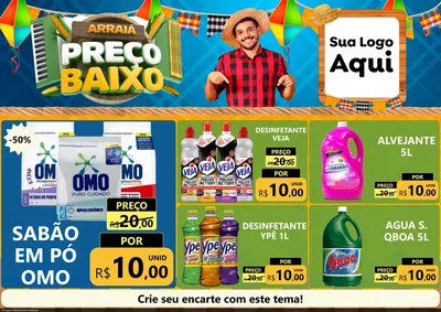 Modelo de Encarte para Encarte A4 Horizontal com o tema Arraiá de Preço Baixo - Junina para Produtos de Limpeza