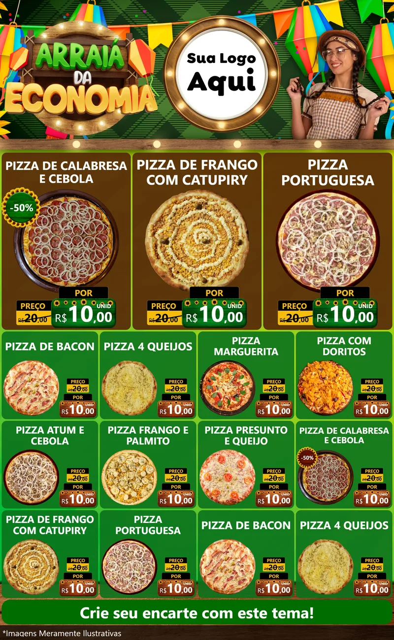 Modelo de Encarte para Encarte Grande com o tema Arraiá de Economia para Pizzaria