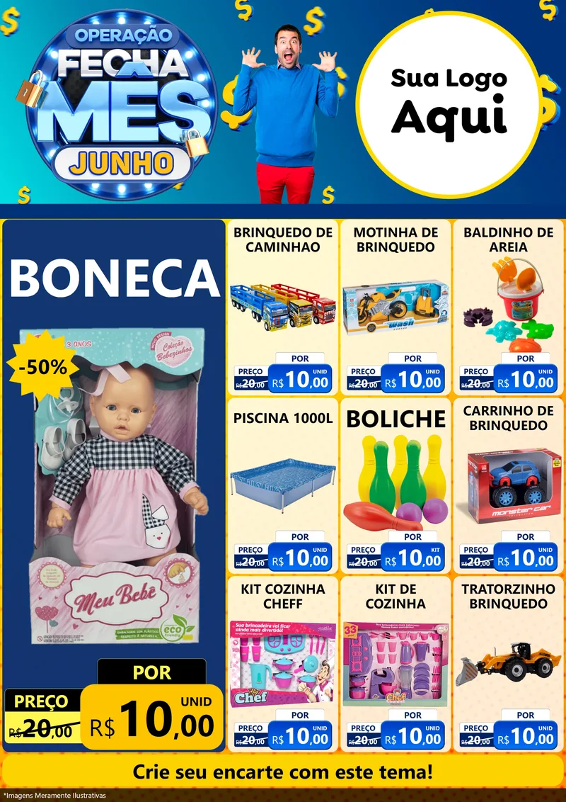 Modelo de Encarte para Encarte A4 Vertical com o tema Operação Fecha Mês, Junho para Brinquedos