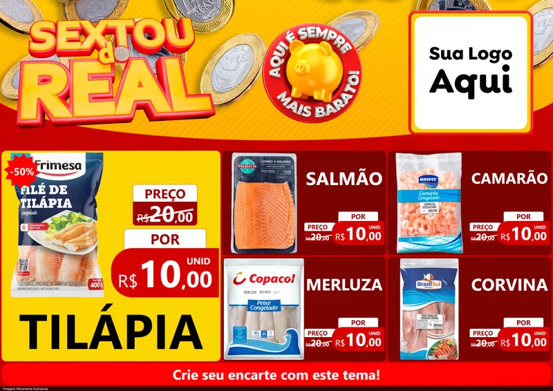 Modelo de Encarte para Encarte A4 Horizontal com o tema Sextou do Real para Peixaria