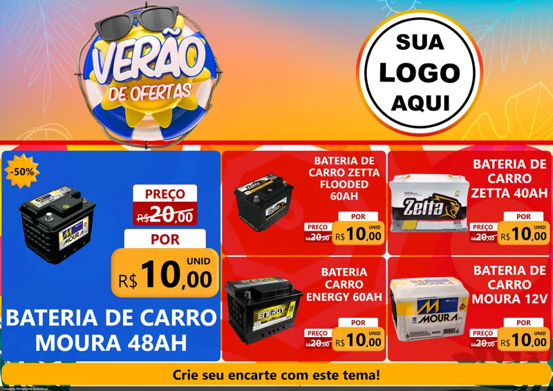 Modelo de Encarte para Encarte A4 Horizontal com o tema Verão de Ofertas para Baterias Elétricas