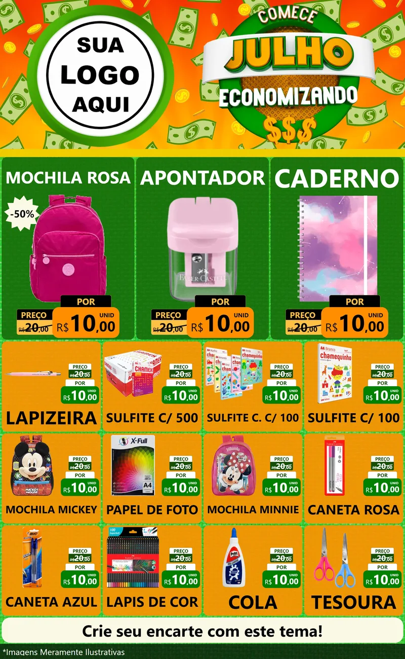 Modelo de Encarte para Encarte Grande com o tema Comece Julho Economizando para Papelaria