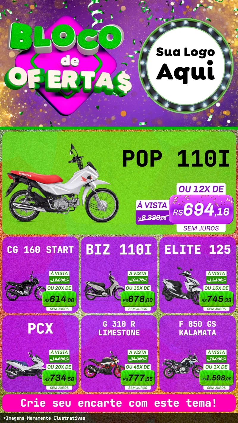 Modelo de Rede Social para Stories com o tema Bloco de Ofertas para Concessionaria de Motos