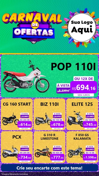 Modelo de Rede Social para Stories com o tema Carnaval de Ofertas para Concessionaria de Motos