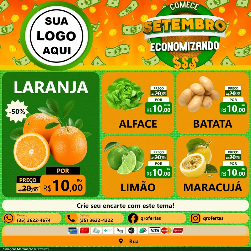 Modelo de Rede Social para Feed Facebook com o tema Comece Setembro Economizando para Hortifrúti