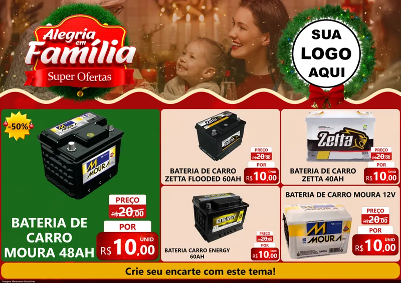 Modelo de Encarte para Encarte A4 Horizontal com o tema Alegria Em Família - Super Ofertas para Baterias Elétricas
