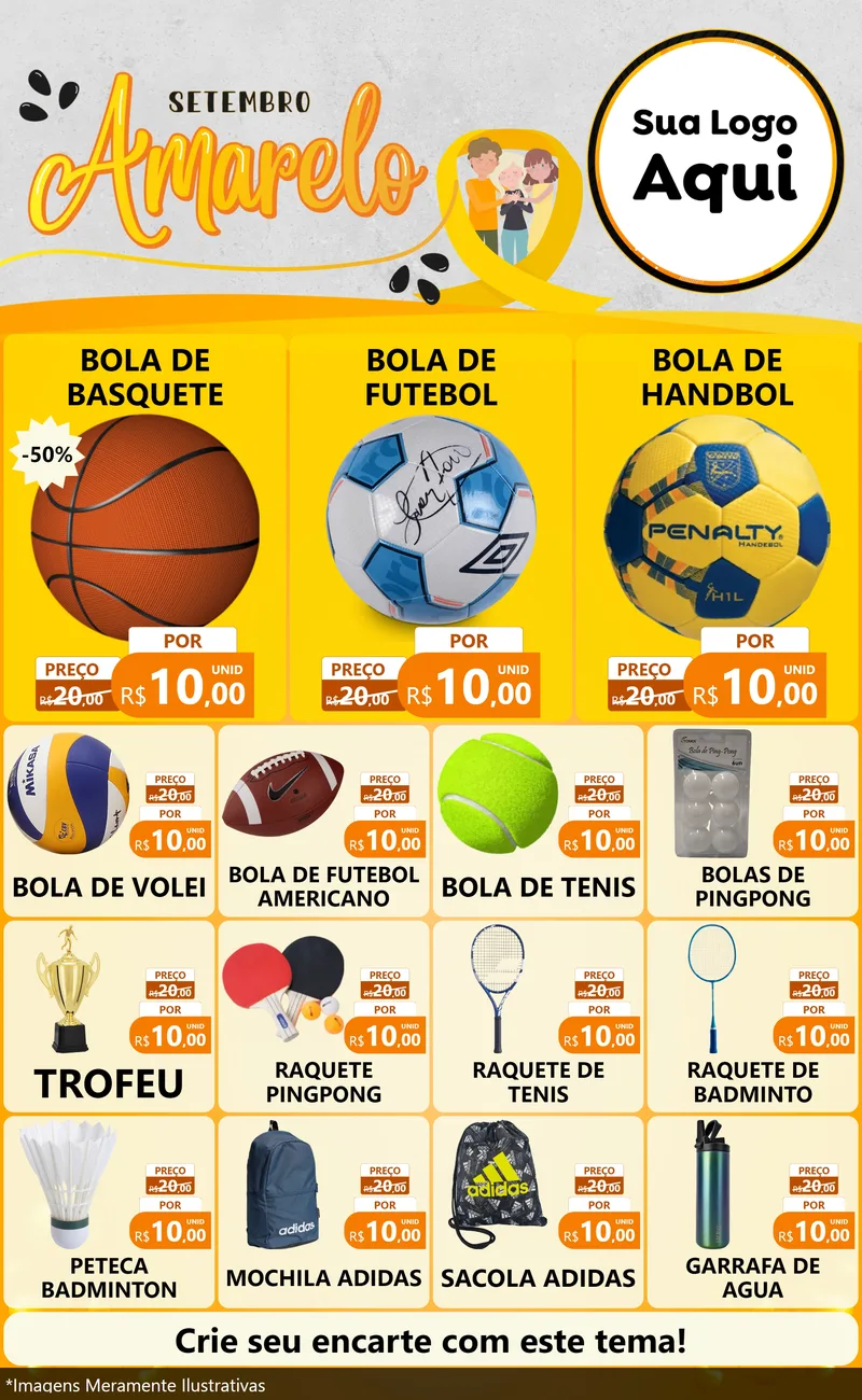 Modelo de Encarte para Encarte Grande com o tema Setembro Amarelo para Artigos Esportivos