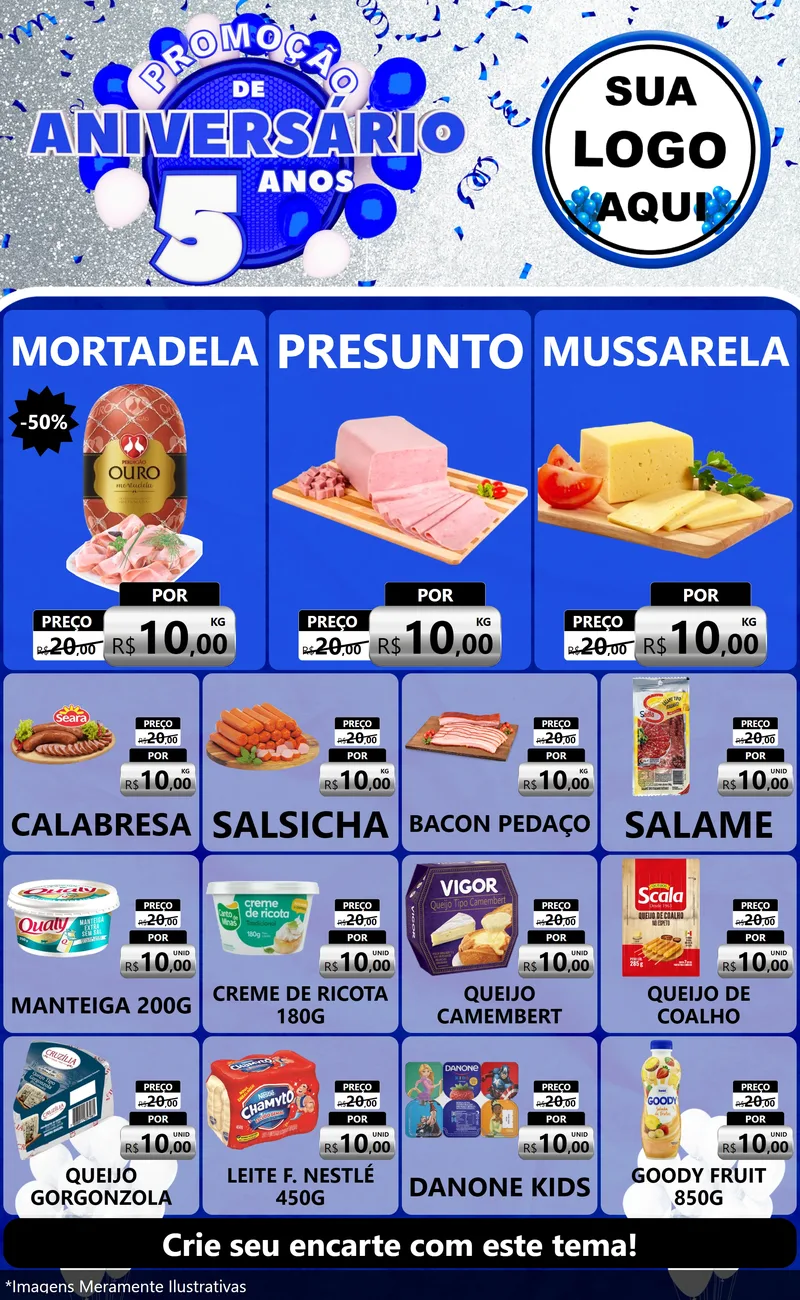 Modelo de Encarte para Encarte Grande com o tema Promoção de Aniversário - 5 Anos para Frios e Laticínios