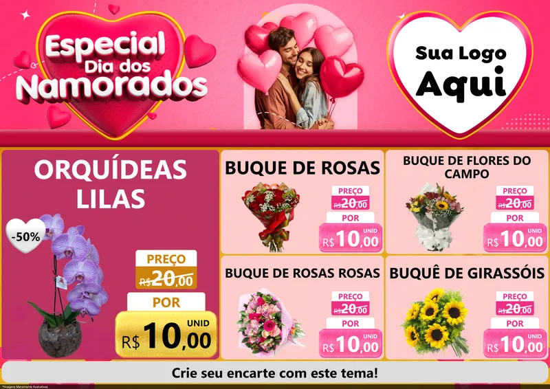 Modelo de Encarte para Encarte A4 Horizontal com o tema Especial Dia dos Namorados para Floricultura e jardim