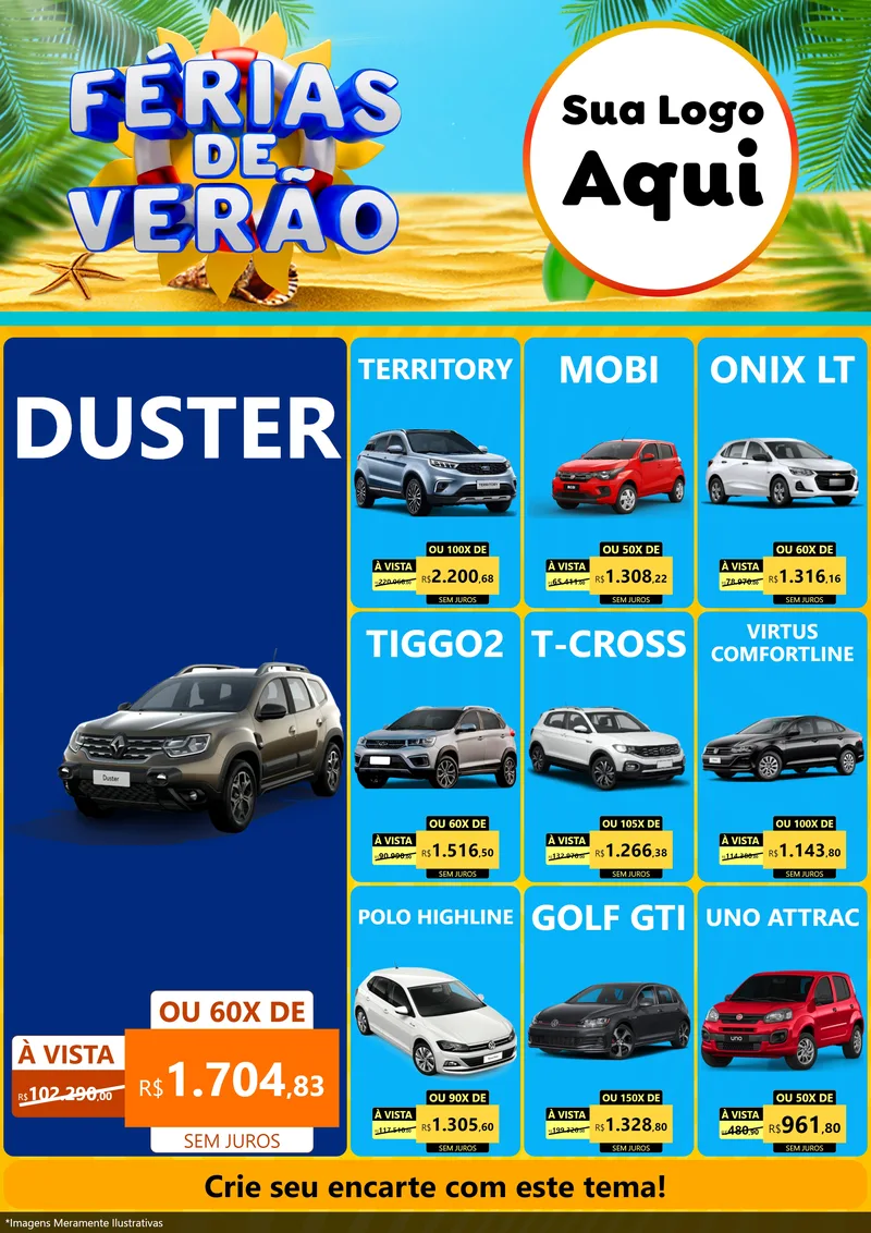 Modelo de Encarte para Encarte A4 Vertical com o tema Férias de Verão para Concessionaria de Carros