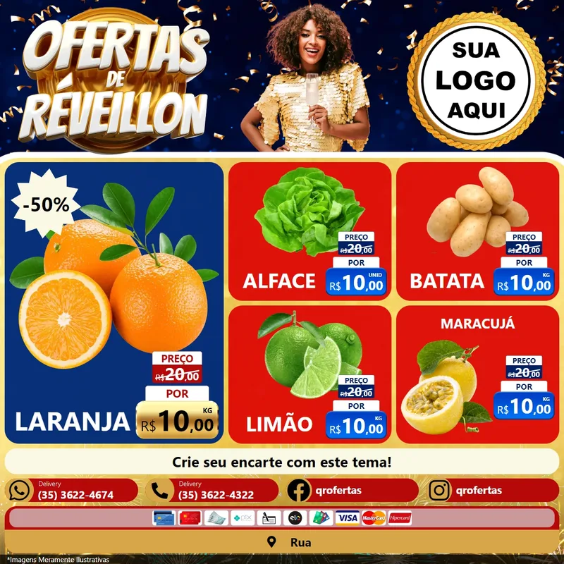 Modelo de Rede Social para Feed Facebook com o tema Ofertas de Réveillon para Hortifrúti