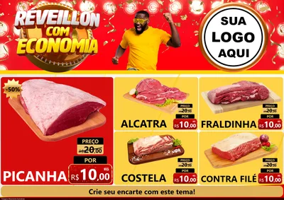 Modelo de Encarte para Encarte A4 Horizontal com o tema Réveillon com Economia para Açougue