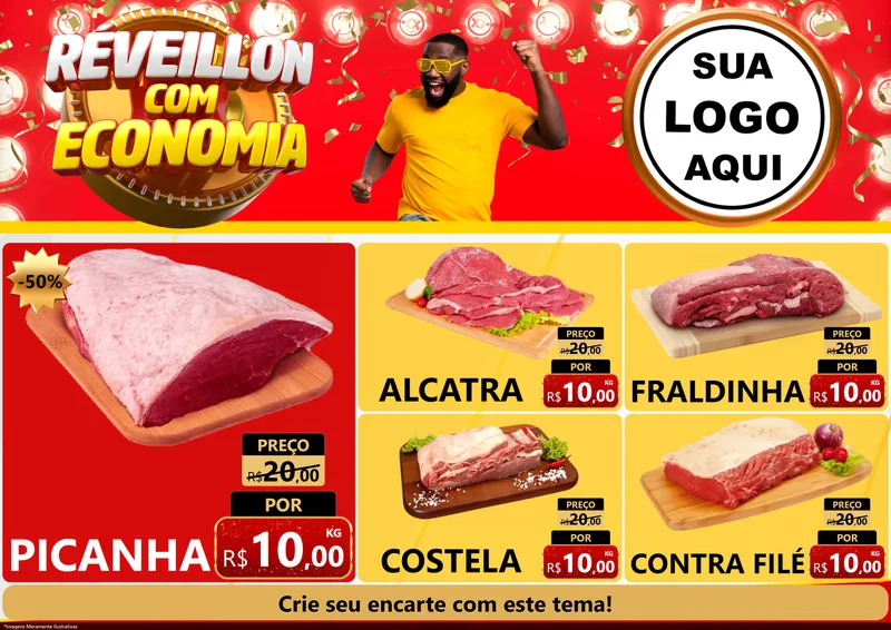 Modelo de Encarte para Encarte A4 Horizontal com o tema Réveillon com Economia para Açougue