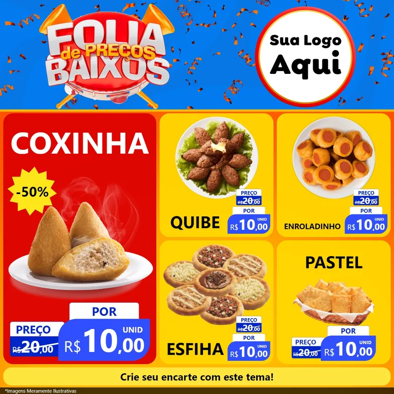 Modelo de Rede Social para Feed Facebook com o tema Folia de Preços Baixos para Salgadaria