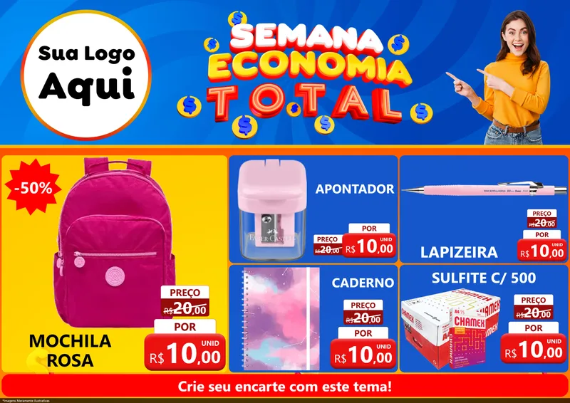 Modelo de Encarte para Encarte A4 Horizontal com o tema Semana Economia Total para Papelaria