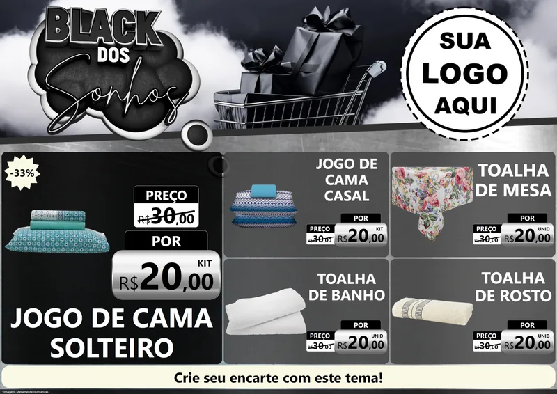 Modelo de Encarte para Encarte A4 Horizontal com o tema Black dos Sonhos para Cama, Mesa e Banho