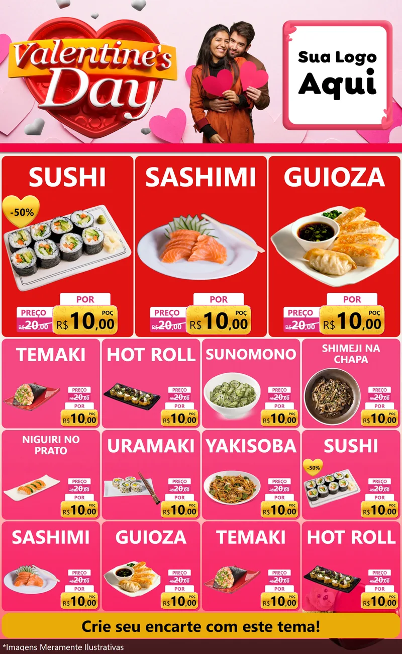 Modelo de Encarte para Encarte Grande com o tema Valentine's Day para Comida japonesa