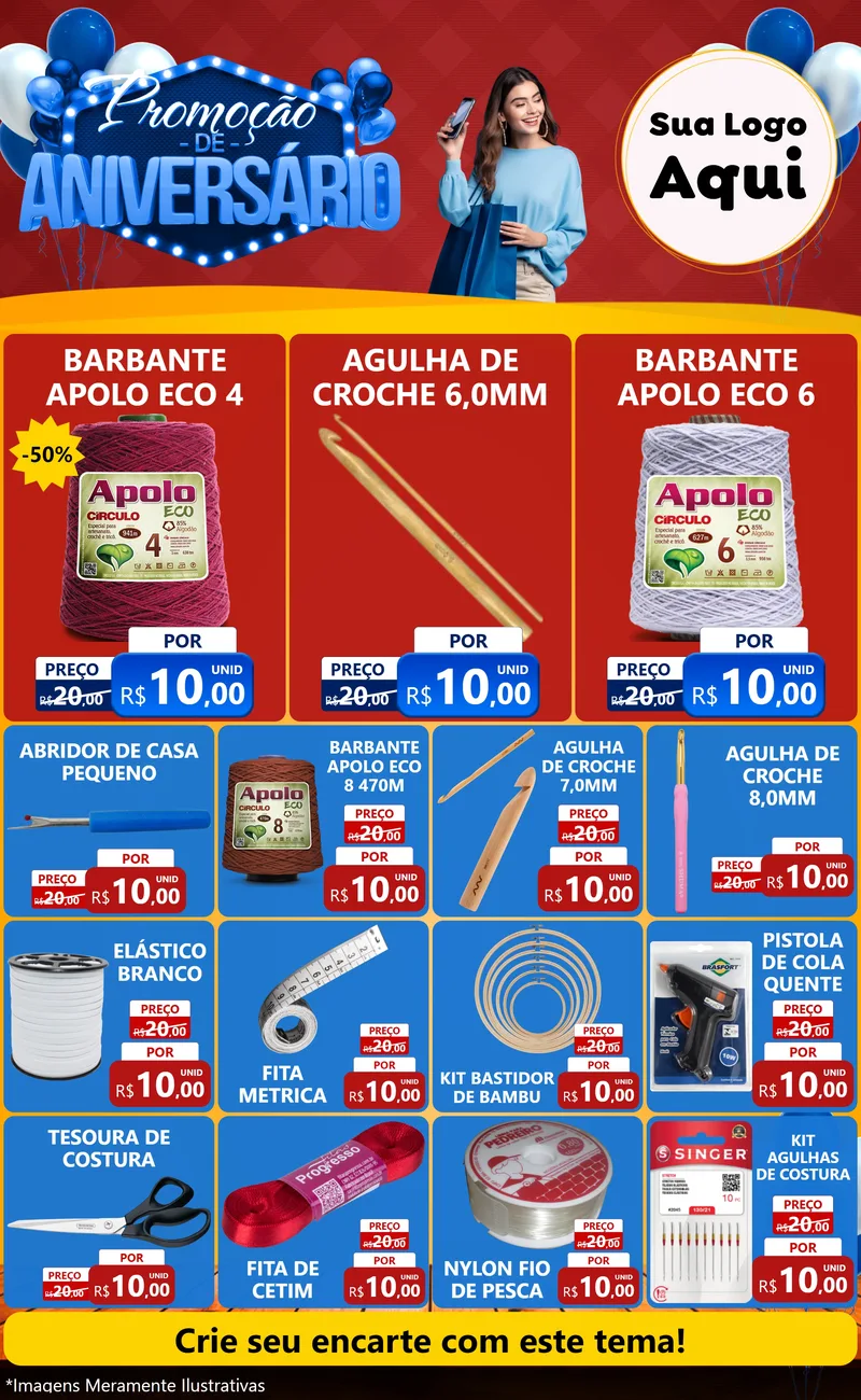 Modelo de Encarte para Encarte Grande com o tema Promoção de Aniversário para Armarinho e Aviamentos