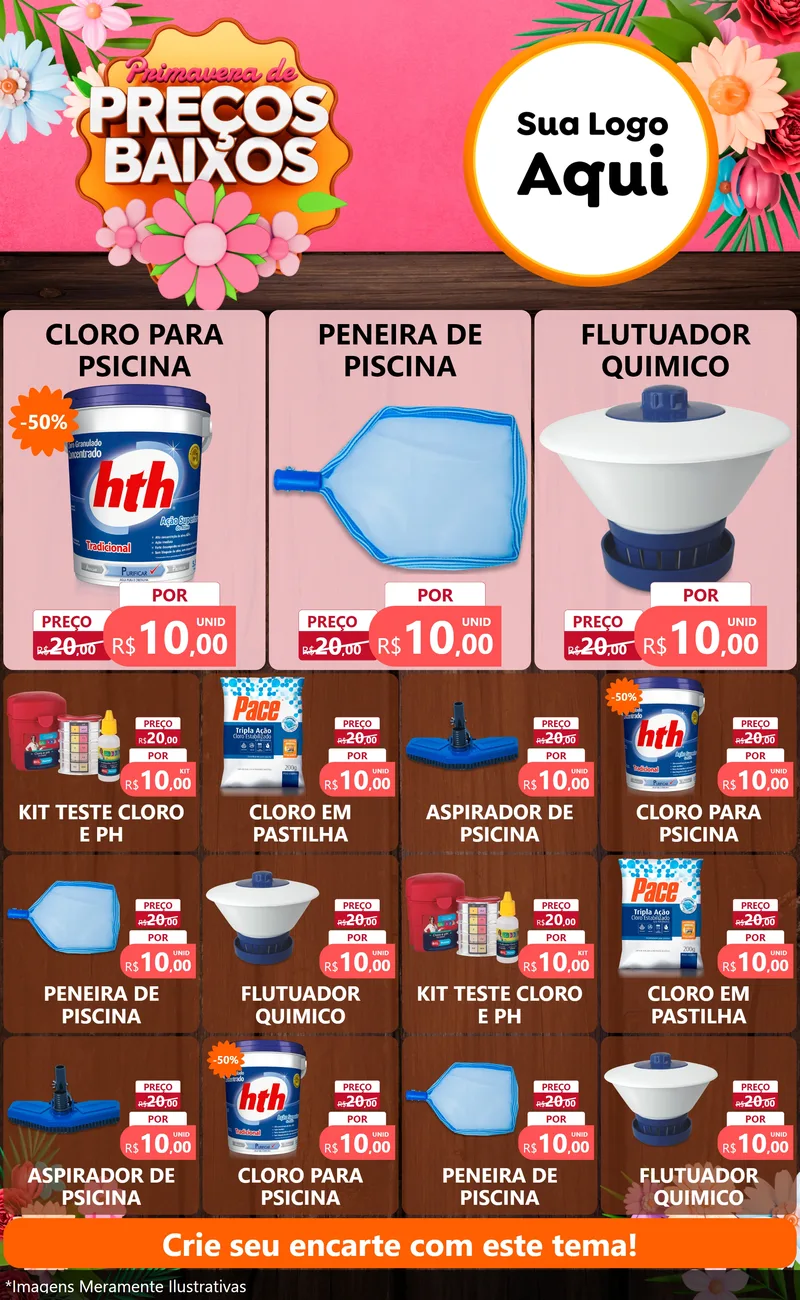 Modelo de Encarte para Encarte Grande com o tema Primavera de Preços Baixos para Produtos para Piscina
