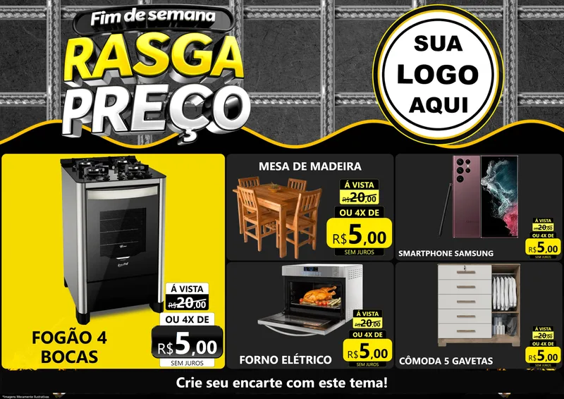 Modelo de Encarte para Encarte A4 Horizontal com o tema Fim de Semana Rasga Preço para Móveis e Eletro