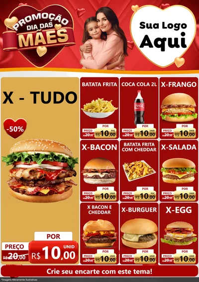 Modelo de Encarte para Encarte A4 Vertical com o tema Promoção Dia das Mães para Hamburgueria