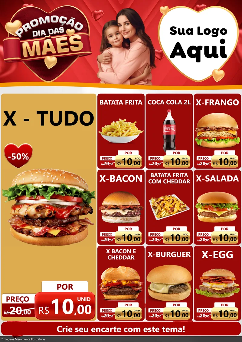 Modelo de Encarte para Encarte A4 Vertical com o tema Promoção Dia das Mães para Hamburgueria