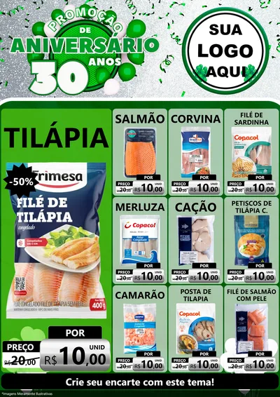 Modelo de Encarte para Encarte A4 Vertical com o tema Promoção de Aniversário - 30 Anos para Peixaria