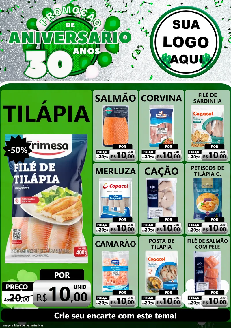 Modelo de Encarte para Encarte A4 Vertical com o tema Promoção de Aniversário - 30 Anos para Peixaria