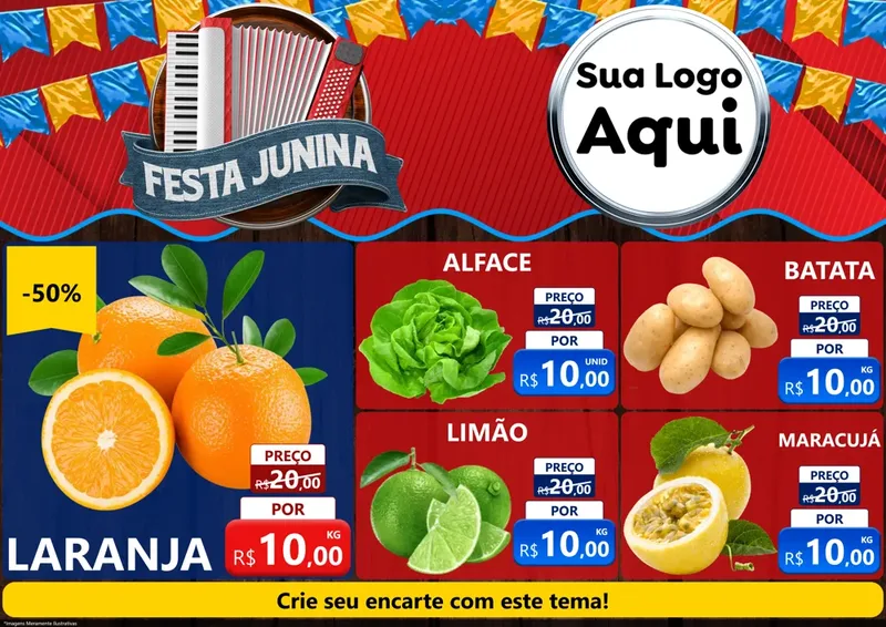 Modelo de Encarte para Encarte A4 Horizontal com o tema Festa Junina para Hortifrúti