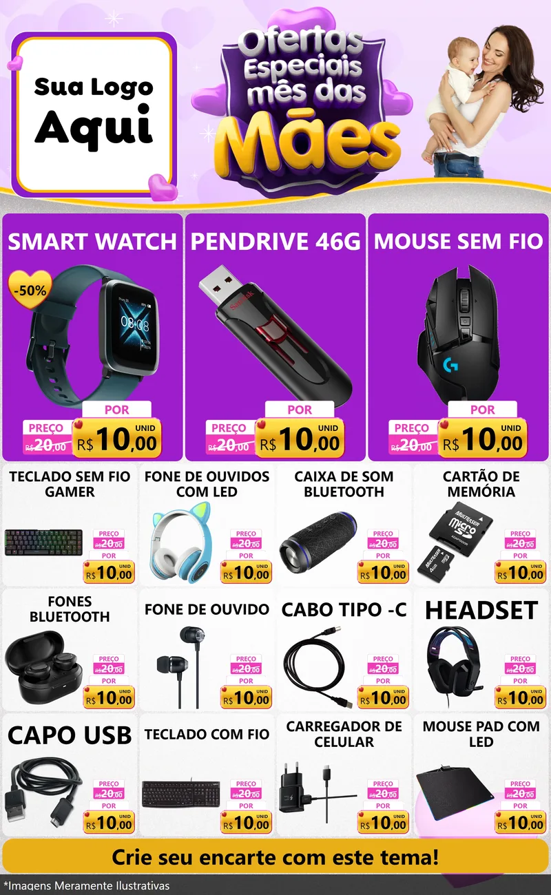 Modelo de Encarte para Encarte Grande com o tema Ofertas Especiais - Mês das Mães para Informática