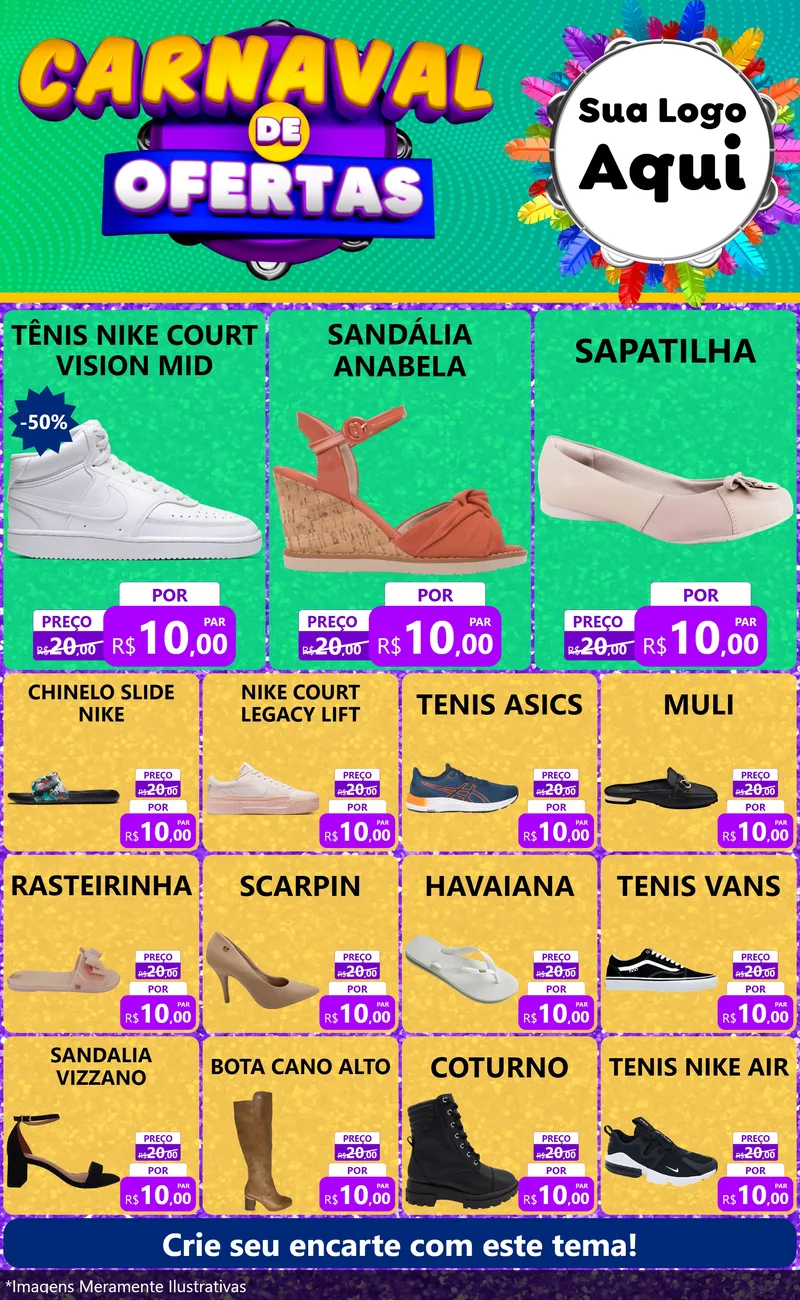 Modelo de Encarte para Encarte Grande com o tema Carnaval de Ofertas para Calçados
