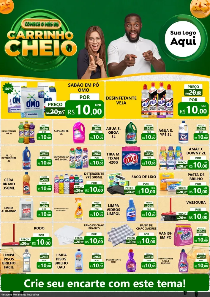 Modelo de Encarte para Encarte A4 Vertical com o tema Carrinho Cheio para Produtos de Limpeza
