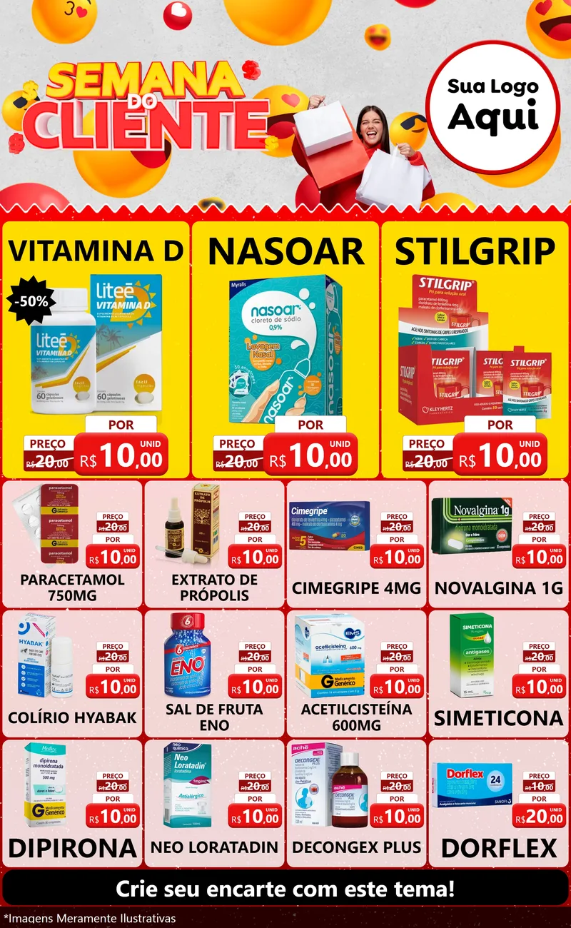 Modelo de Encarte para Encarte Grande com o tema Semana do Cliente para Farmácia