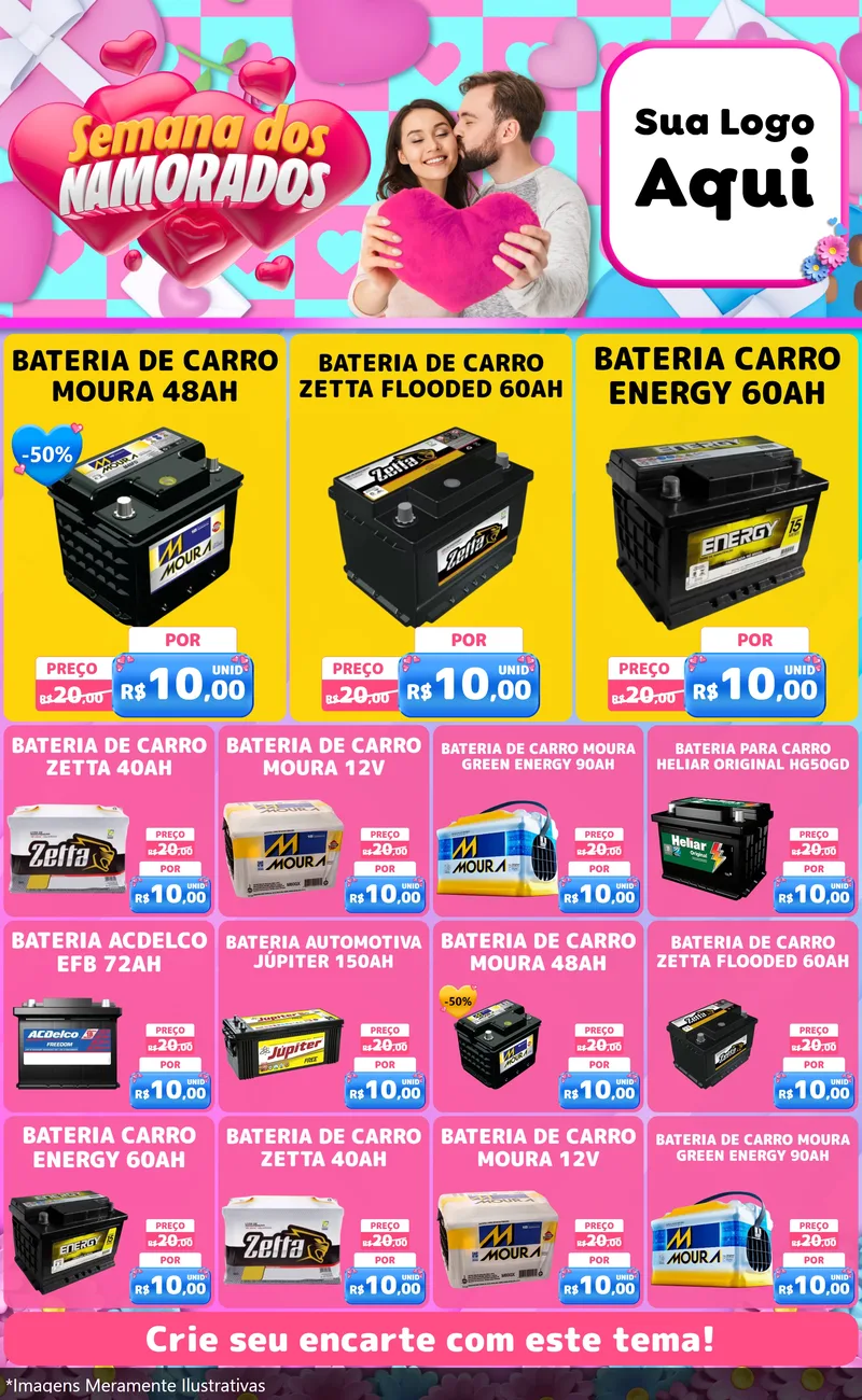 Modelo de Encarte para Encarte Grande com o tema Semana dos Namorados para Baterias Elétricas