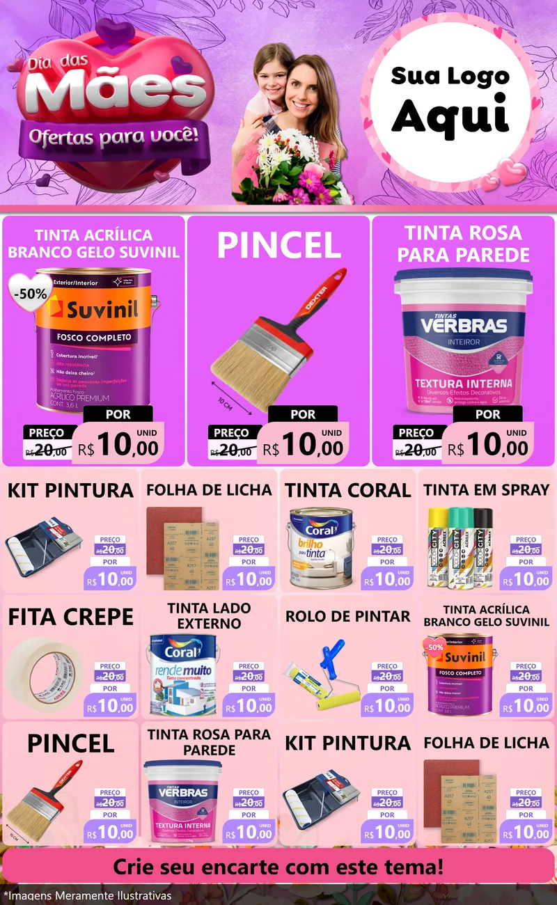 Modelo de Encarte para Encarte Grande com o tema Dia das Mães Ofertas para Você! para Tintas e Ferramentas