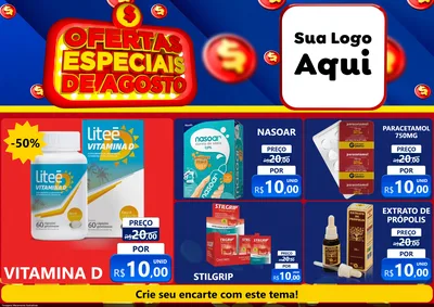 Modelo de Encarte para Encarte A4 Horizontal com o tema Ofertas Especiais de Agosto para Farmácia