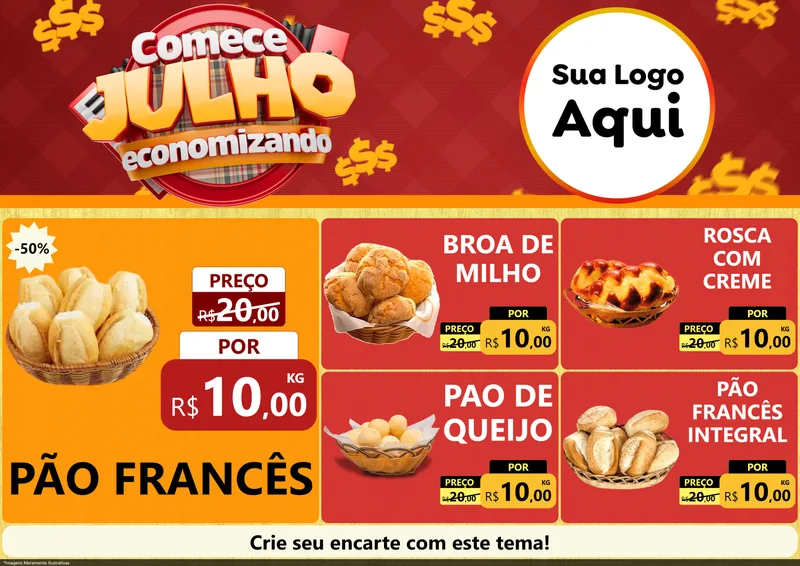 Modelo de Encarte para Encarte A4 Horizontal com o tema Comece Julho Economizando para Padaria