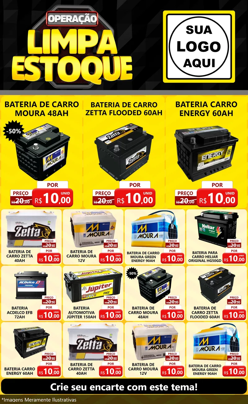 Modelo de Encarte para Encarte Grande com o tema Operação Limpa Estoque para Baterias Elétricas