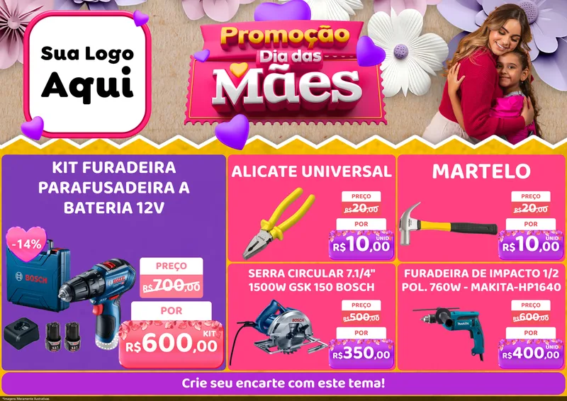 Modelo de Encarte para Encarte A4 Horizontal com o tema Promoção Dia das Mães para Maquinas e Ferramentas